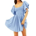 thumbnail image 3 of Xuanfei Women Square Neck Smocked Lantern Short Sleeve Pleated Mini Dress, 3 of 7