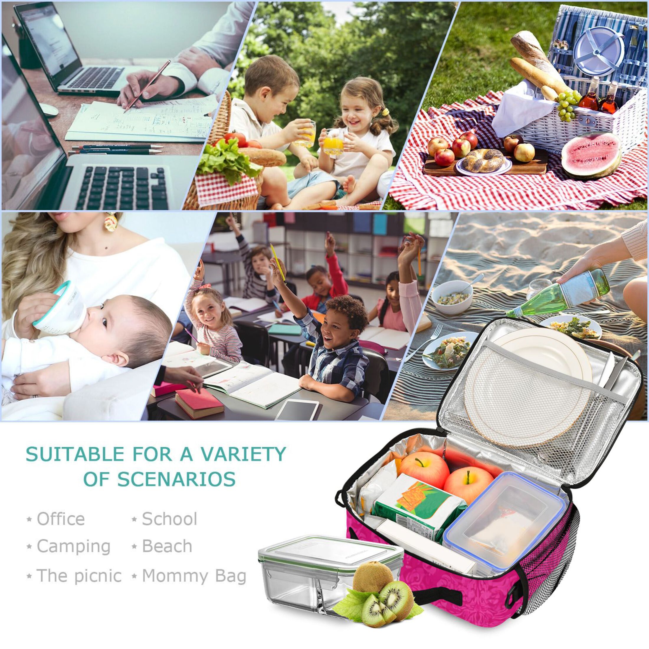 Hot Pink Flower Patterns Insulated Lunch Bag Portable Cooler Bag Mommy Bag Large Capacity 6L