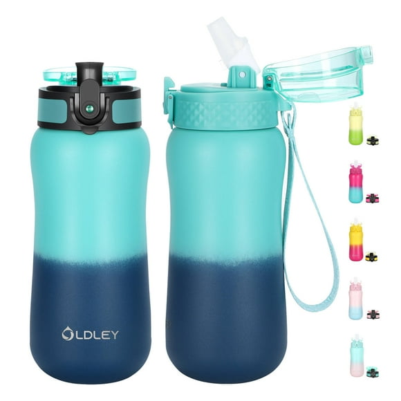 12 oz Oldley Insulated Kids Water Bottle Green Blue Boy with Straw/Chug/2 Lids Stainless Steel Double Wall Vacuum Wide Mouth BPA Free Leak-Proof for School