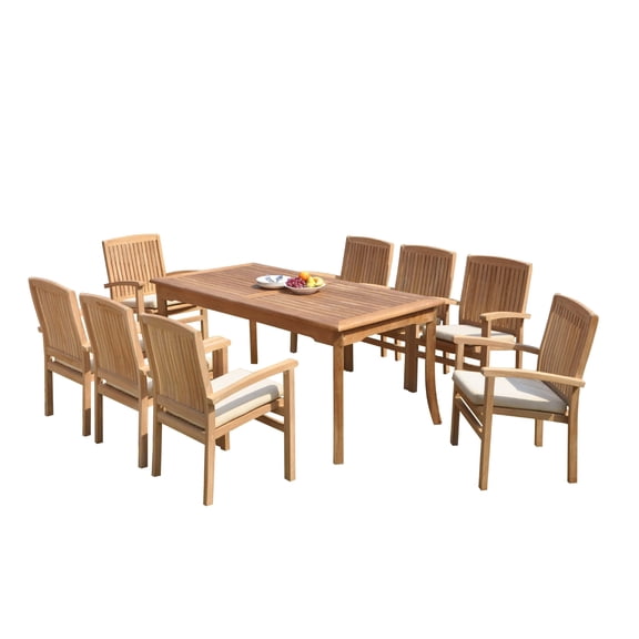 Grade-A Teak Dining Set: 8 Seater 9 Pc: 60" Rectangle Table And 8 Wave Stacking Arm Chairs Outdoor Patio WholesaleTeak #51WV1309