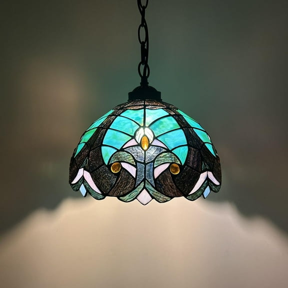 Stained Glass 12-Light LED Bulb Included Green Brown Pendant Lights Fixture for Dining Room, Hotel, Restaurant, Cafe