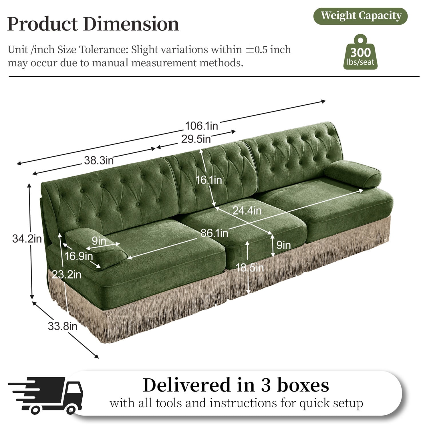 Hommoo 3-Seater Chesterfield Style Velvet Fabric Sofa Couch set, Tufted Button Upholstered Design and Floor-grazing Tassel, Free Combination Sectional Sofa, for Home, Green