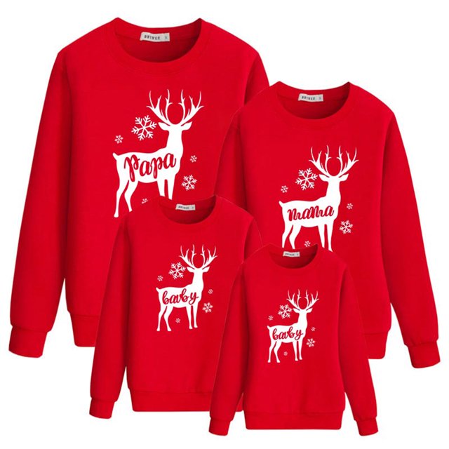 FOCUSNORM Pyjamas de Noël Assortis pour la Famille Imprimé Élan Dessin Animé Col Rond Manches Longues Pull