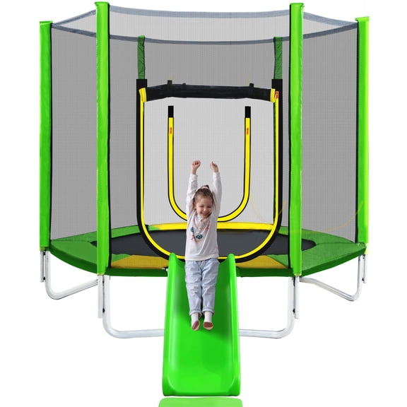 7FT Trampoline for Kids with Safety Enclosure Net, SEGMART Toddler Trampoline with Removable Slide, Upgrade Recreational Trampoline with Jumping Mat for Indoor Outdoor Backyard, Green