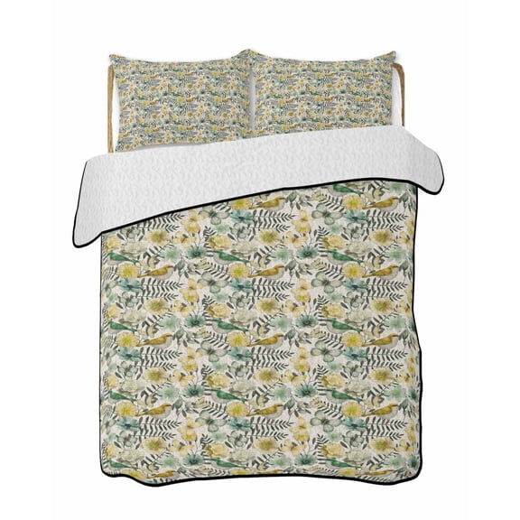 Quilts Queen Size Bedding Set, Vintage Flowers Reversible Summer Quilt 3 Pieces, Spring Yellow Green Floral Country Leaves Birds Lightweight Bedspreads Coverlets with 2 Pillow Shams for All Seasons