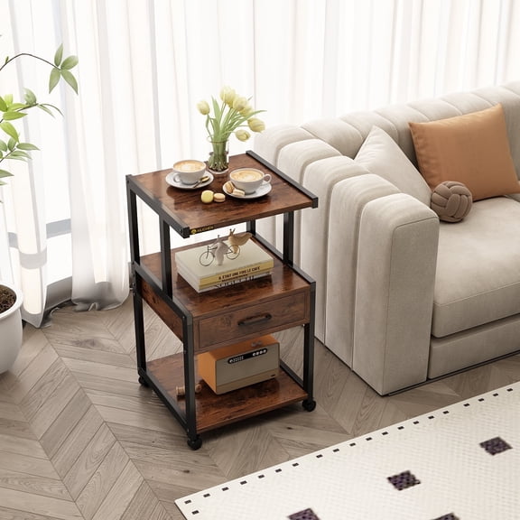 Zenira Multifunctional 3-Tier Kitchen Storage Rack with 1 Drawer and Lockable Wheels,31.5" Height Rolling Cart(Brown,31.5in)