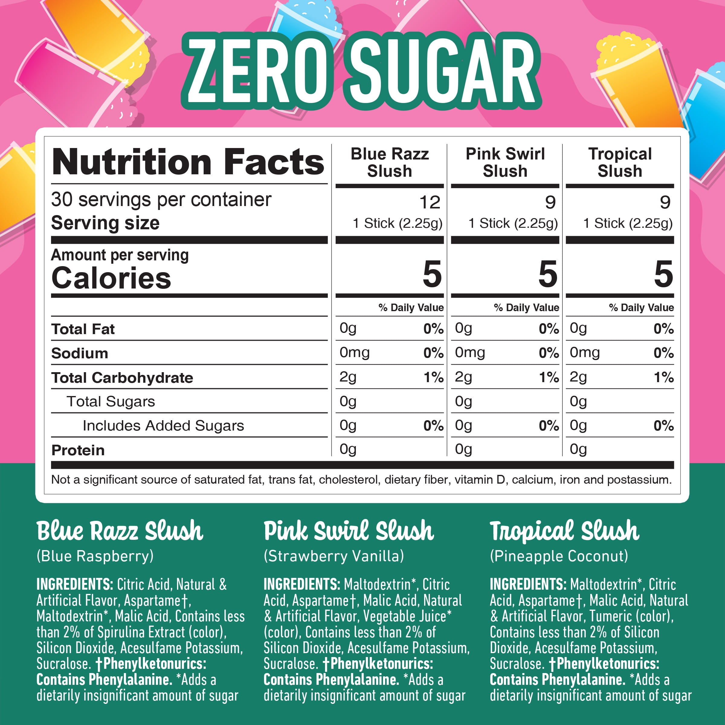 (6 pack) Crush Slush Powder Drink Mix Variety Pack, Blue Razz, Pink Swirl & Tropical, 30 Sticks