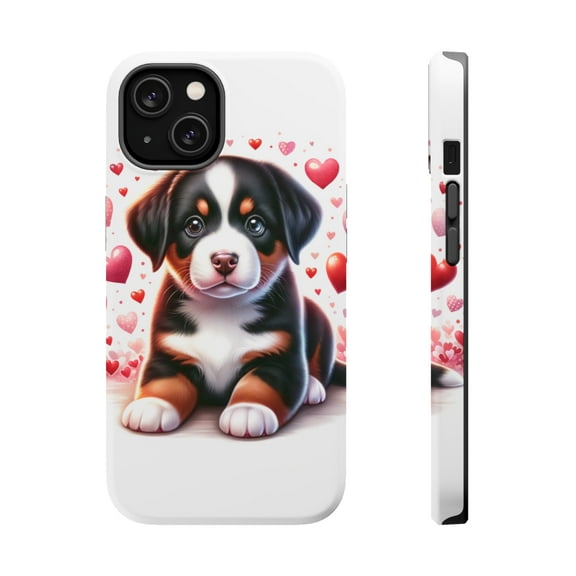 DistinctInk Tough Case for Apple iPhone 13 (6.1" Screen), Compatible with MagSafe Charging - Valentine's Day Entlebucher Mountain Dog Puppy