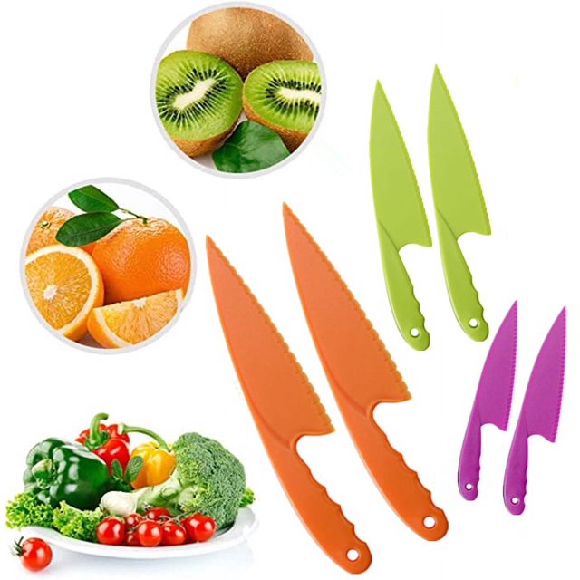 Tutuviw - Juego de 6 cuchillos para niños pequeños, seguros para niños, para cocinar de verdad, para niños de 2 años en adelante, sin BPA y con bordes dentados seguros (3 colores)