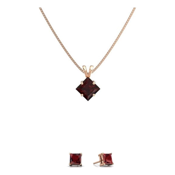 Paris Jewelry 18K Rose Gold 2 Carat Garnet Square 18 inch Necklace and Earrings Set Plated Women