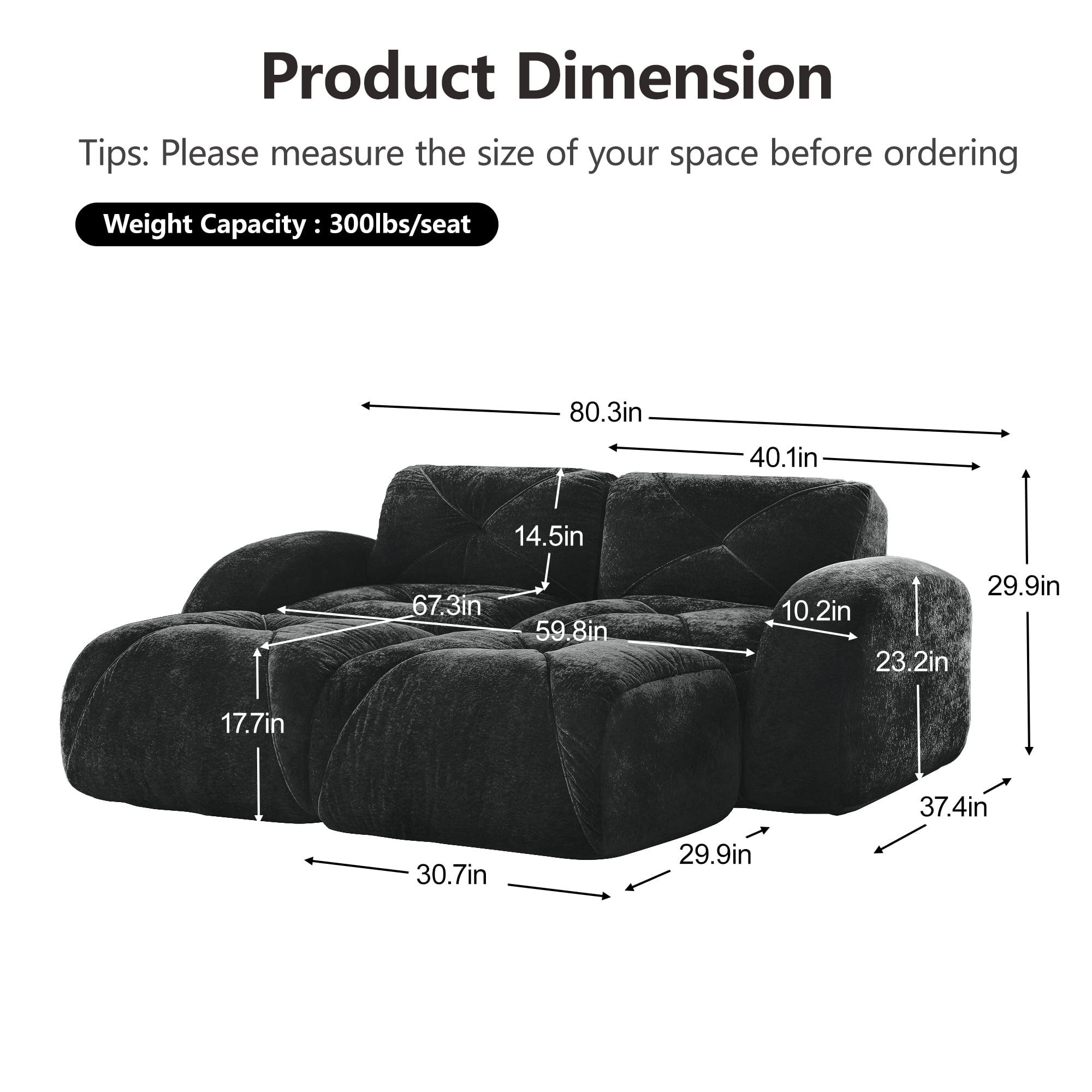 AISWORD 40" 2-Seat U-Shaped Modular Daybed with 2 Ottomans, Anti-Slip Ultra Soft Cloud Sofa, No Assembly Required