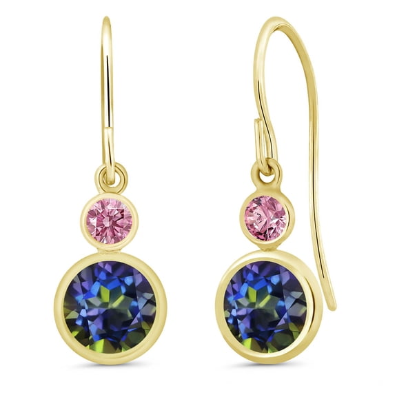 Gem Stone King 14K Yellow Gold Blue Mystic Topaz and Pink Lab Grown Diamond Drop Dangle Earrings for Women (2.26 Cttw, Gemstone November Birthstone, Round 6MM and 3MM)