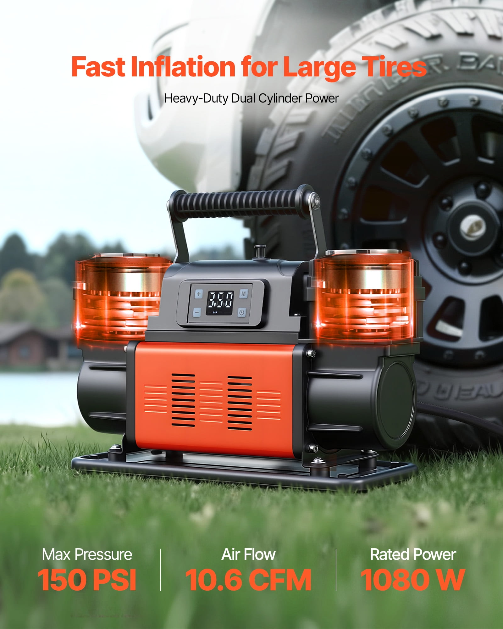 VEVOR Dual-Cylinder Heavy Duty Air Compressor, 10.6CFM Auto-Stop Portable Tire Inflator, 12V 150PSI Offroad Air Pump with LCD Digital Display & Adapters for Truck Car SUV 4 x 4 Vehicle RV
