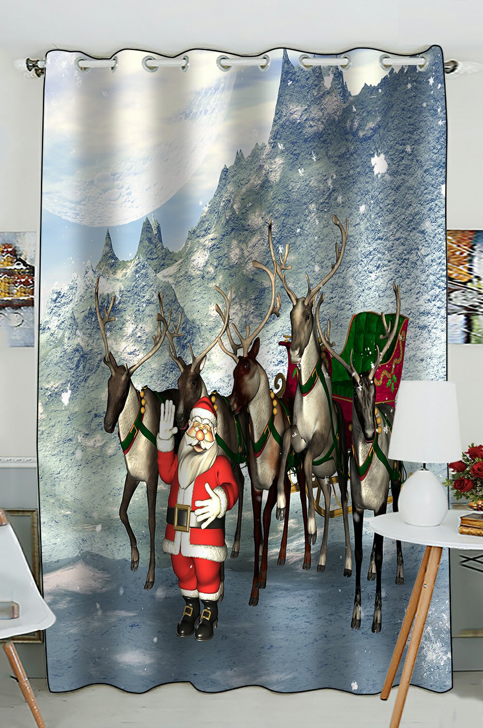 PHFZK Merry Christmas Window Curtain, Reindeer with Santa Claus in