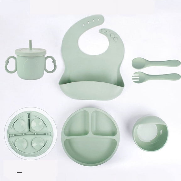 Silicone Baby Feeding Set Divided Plate, Bib, Fork, Spoon, Food Bowl, Water Cup, Six-Piece Baby Feeding Tableware Set