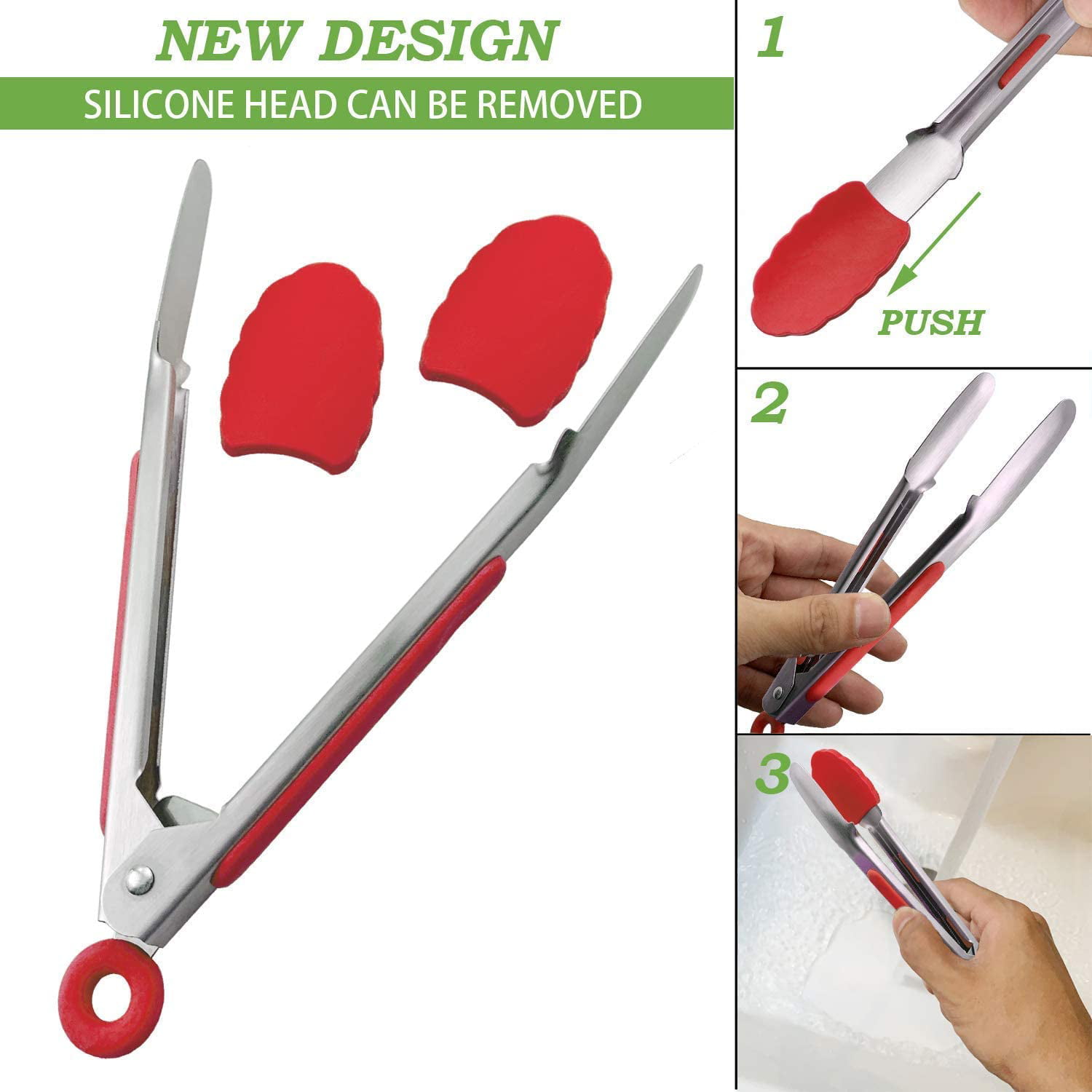 Green Red Blue HINMAY Mini Tongs with Silicone Tips 7-Inch Serving Set of 3 