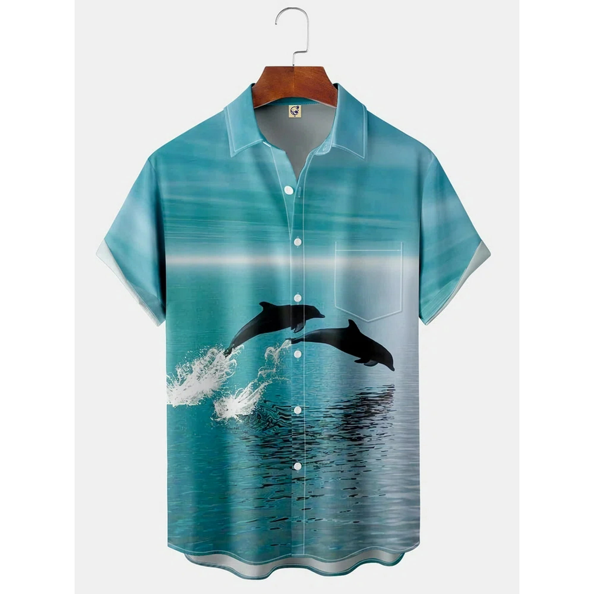 Dolphin pattern clothing top Chest Pocket Short Sleeve Hawaiian