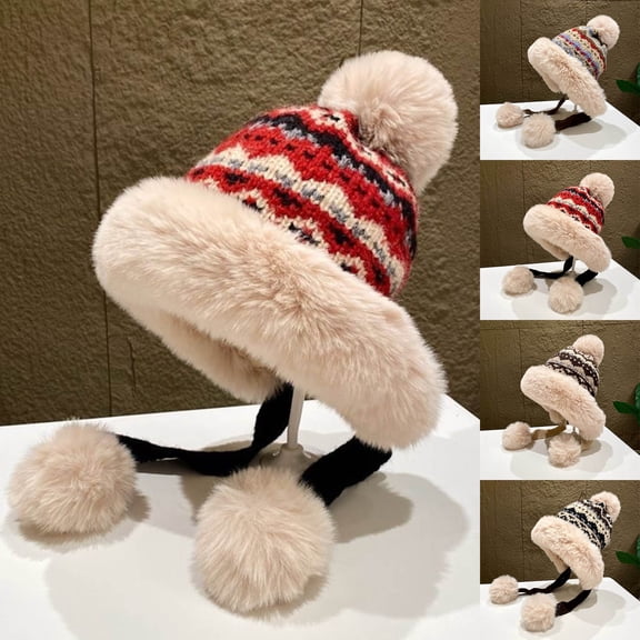 jobturf Beanies Women Cute Pom Poms Faux Furs Fuzzy Knit Beanie Comfy Windproof Snow Ski Skull Cap Trendy Thermal Winter Hats for Cold Weather