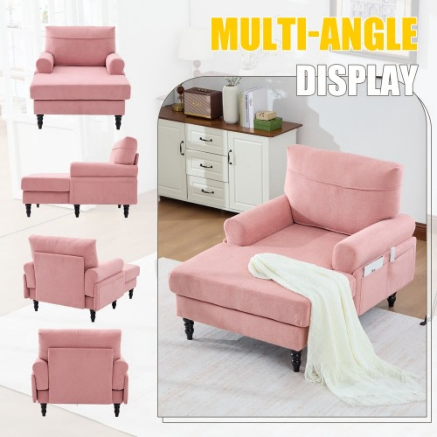 Chenille Chaise Lounge Chair, Oversized Upholstered Recliner Sofa with Wide Seat, High Density Foam Backrest, Solid Wood Legs & Side Pockets for Living Room, Bedroom, Office, Pink