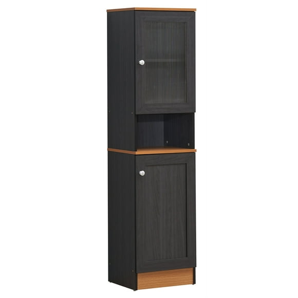 Hodedah 63" Tall Slim Open Shelf Plus Top Kitchen Pantry in Black-Beige Wood