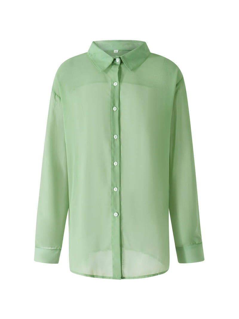 トップス Studio Doe V-neck Tencel Sheer Shirt S/M Women See Trough Blouse Lapel Collar Long Sleeve V-Neck