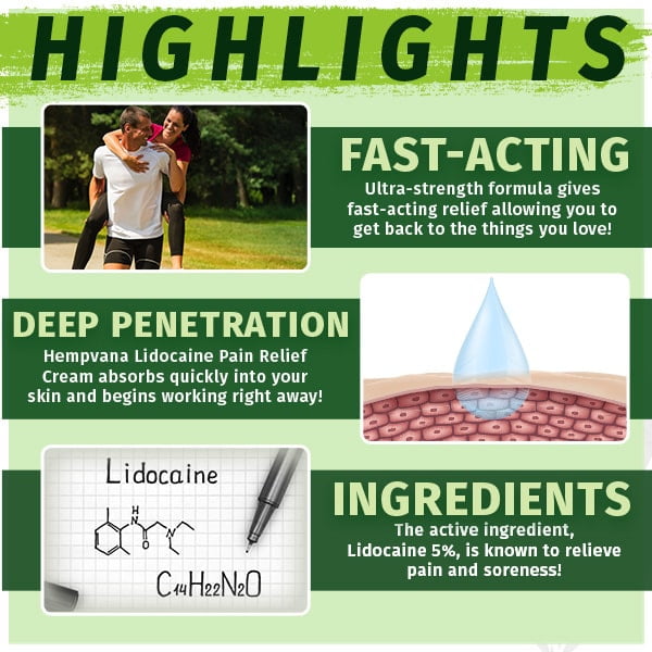 Hempvana Lidocaine 5% Relief Cream, for Anorectal Relief, Enriched with Hemp Seed Oil, 4-oz Jar