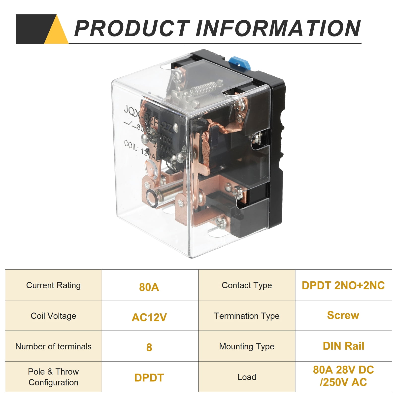 AC12V 80A Electromagnetic Relay, High Power Relay DPDT 2NO 2NC 8 Terminals Din Rail Mounting