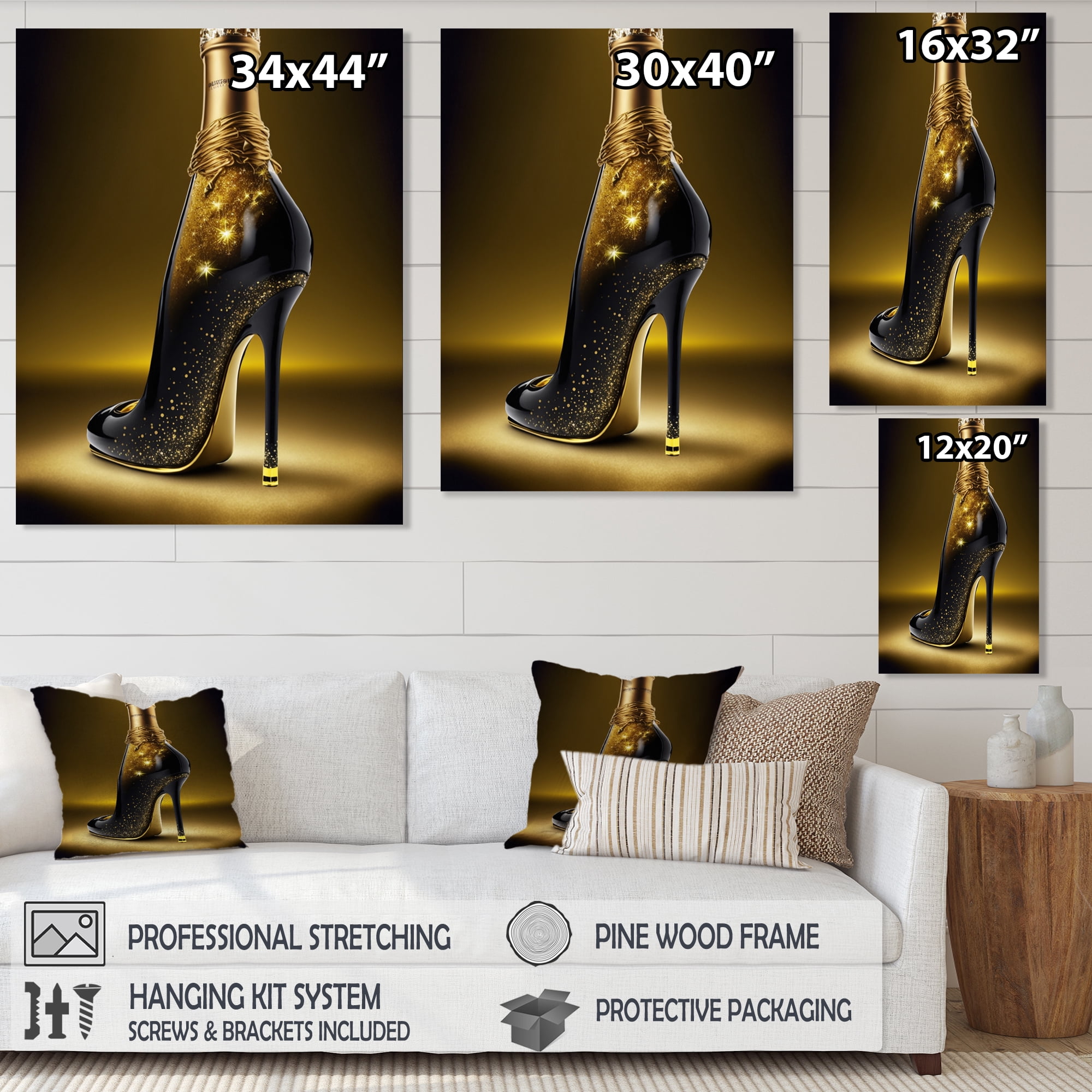Designart Golden Champagne High Heel II Canvas Wall Art