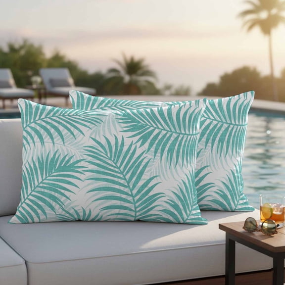 Teal Palm Leaves Outdoor Pillow Covers 20x12 Inch Lumbar Pillow Covers Set of 2 Waterproof Decorative Throw Pillow Cases Summer Botanical Tropical Plants Cushion Covers for Patio Furniture Garden