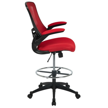 Flash Furniture - Mid-Back Mesh Ergonomic Drafting Chair with Adjustable Foot Ring and Flip-Up Arms - Red Mesh