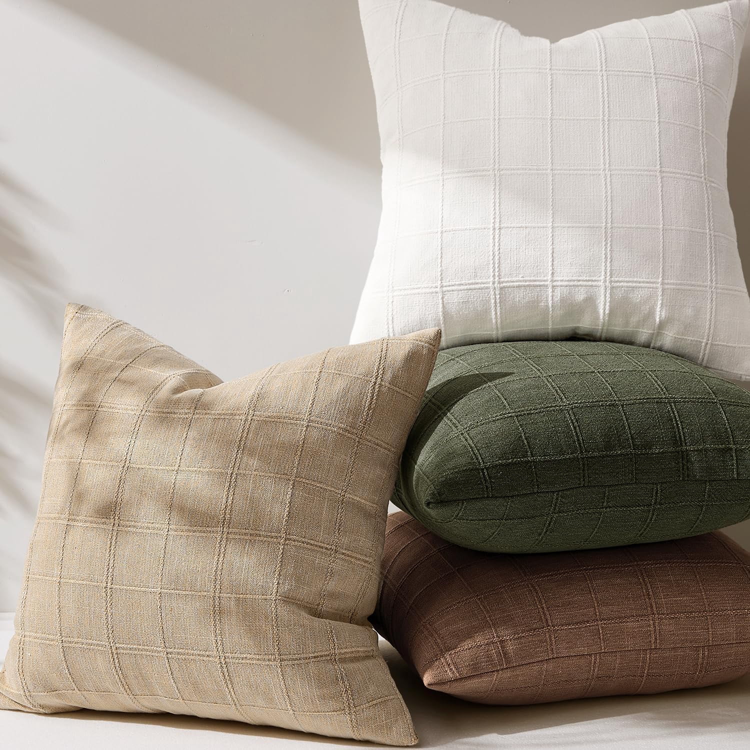 Linen Check Throw Pillow Covers Set of 2 - Natural Beige Farmhouse Modern Boho Vintage Decorative Cushion Covers for Sofa Couch Bedroom Living Room Decor（no pillow inset）