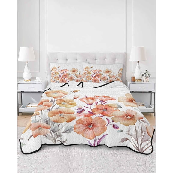Quilts Twin XL Size, Orange Spring Floral Soft Comforter Bedding Set for Bed, Summer Botanical Watercolor Flower Lightweight Quilted Bedspread with Pillow Cover(2 Pieces) for All Season, 68x98 Inch