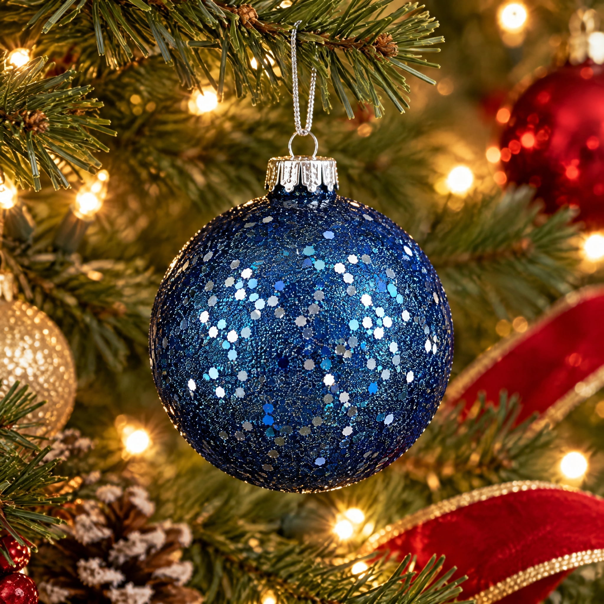 4-Count Blue Glitter Ball Shatterproof Christmas Ornaments, 6.5", by Holiday Time