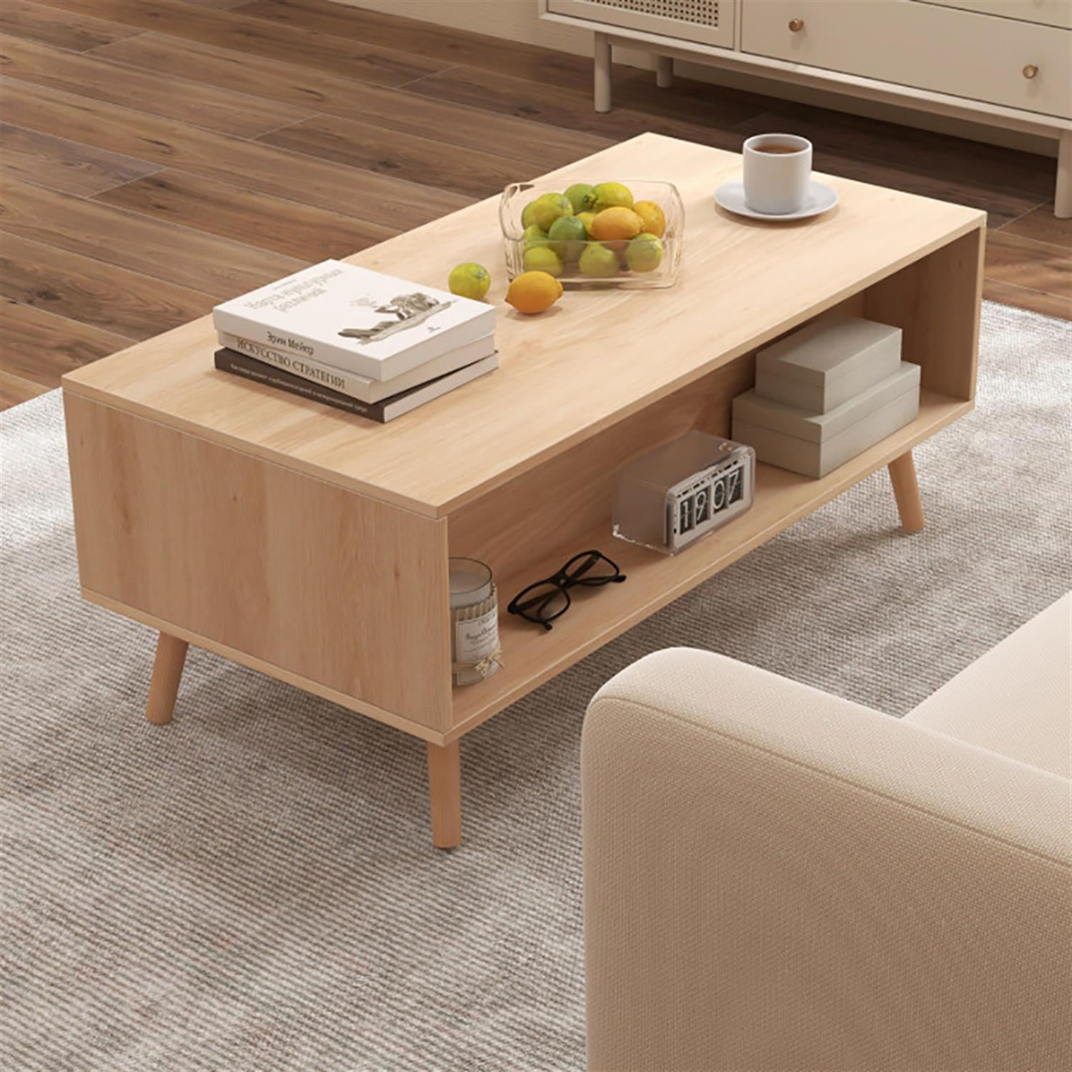 Demi Bonn Modern Rattan Coffee Table, Dining Center Tables with 2 Storage Drawers for Living Room, Bedroom, Office and Balcony, Beige