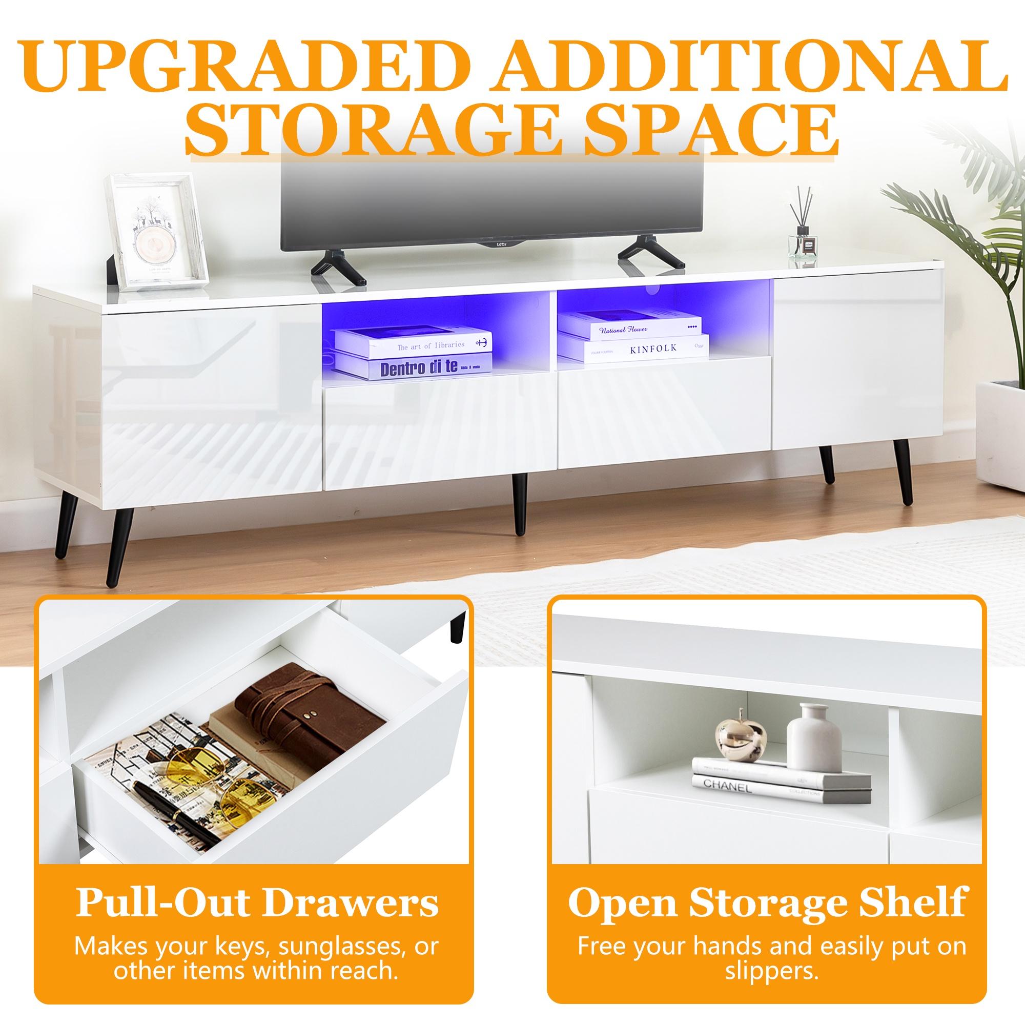 TV Stand for 75 Inch TV, Modern Entertainment Center with RGB LED Lights and Storage Drawers, High Gloss Living Room TV Cabinet, White