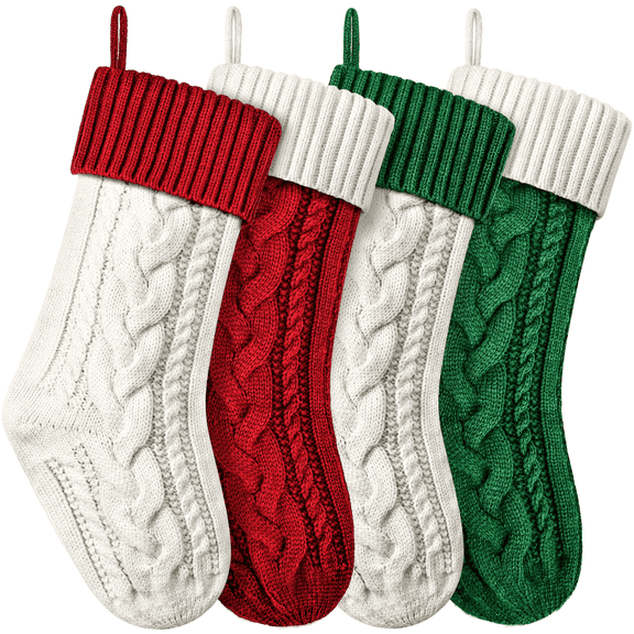 BOPORO 4 Pack Christmas Knitted Splicing Stockings, 18 inch Large Cable Knitted Xmas Stockings Decorations for Indoor Family Holiday Christmas Party