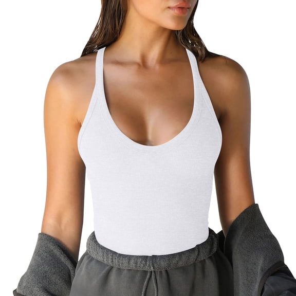 Womens Ribbed Tank Top Knitted Basic Camisoles U-Neck Tank Tops Plain Undershirts Summer Cami Top Knitwear Slim Fit Sleeveless Spaghetti Strap Vests for Workout Yoga Sports