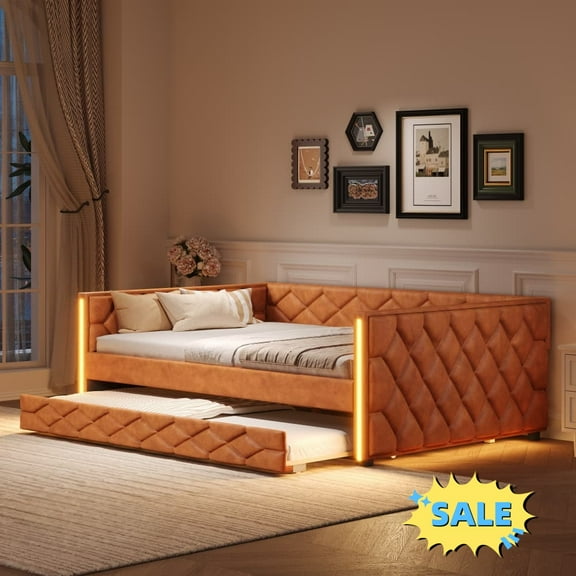 Tcbosik Upholstered Daybed with Trundle, Full XL Size PU Leather Sofa Bed with LED Lights, Wood Slats Support, Space Saving, No Box Spring Needed, Brown