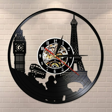 Amblelife Paris London Travel Themed Vinyl Record Wall Clock Tower Big Ben Tower Unique Travel Landmark Wall Art Retro Clock Watch
