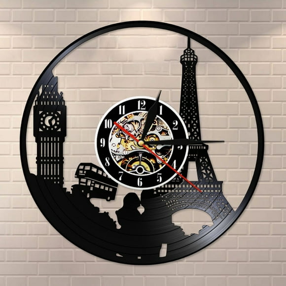 Paris London Travel Themed Vinyl Record Wall Clock Tower Big Ben Tower Unique Travel Landmark Wall Art Retro Clock Watch