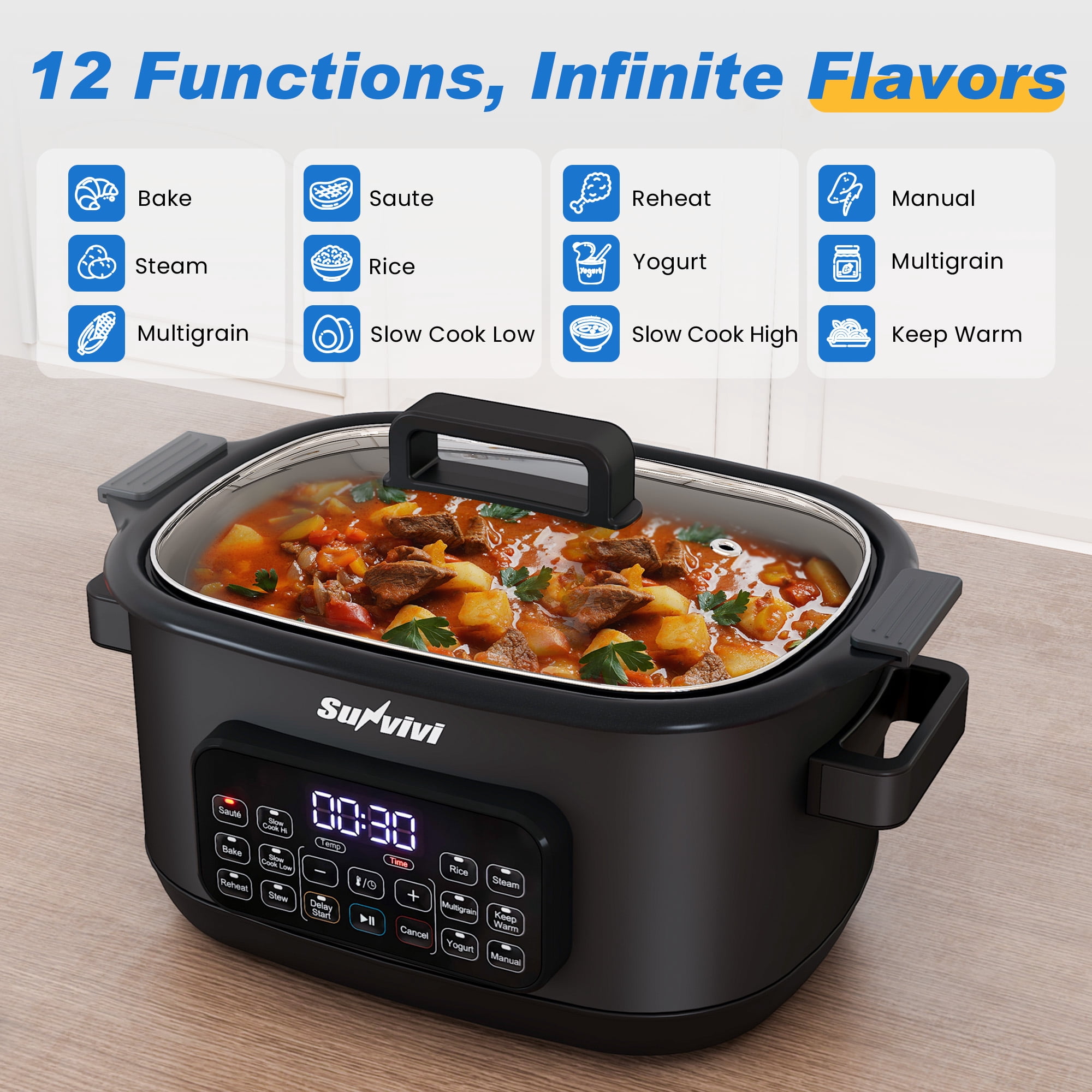 Sunvivi 12-in-1 Digital Programmable Slow Cooker, 6.5 QT Large Multicooker, Multi-Cooker with Timer, Temp Control, Black