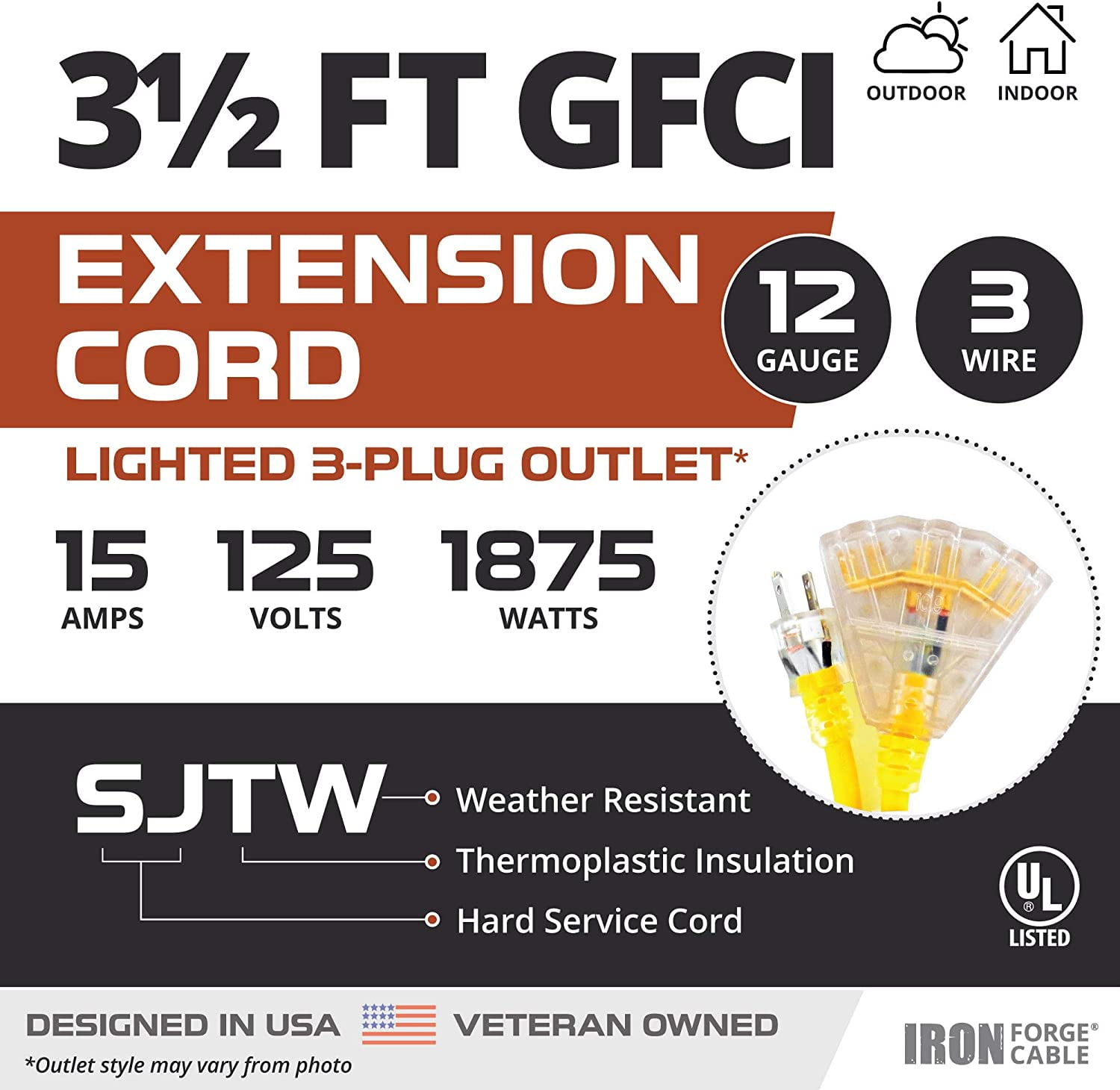 Iron Forge Cable 3.5 Foot Lighted Outdoor GFCI Extension Cord with 3 Electrical Power Outlets - 12/3 SJTW Heavy Duty Yellow Cable with 3 Prong Grounded Plug for Safety