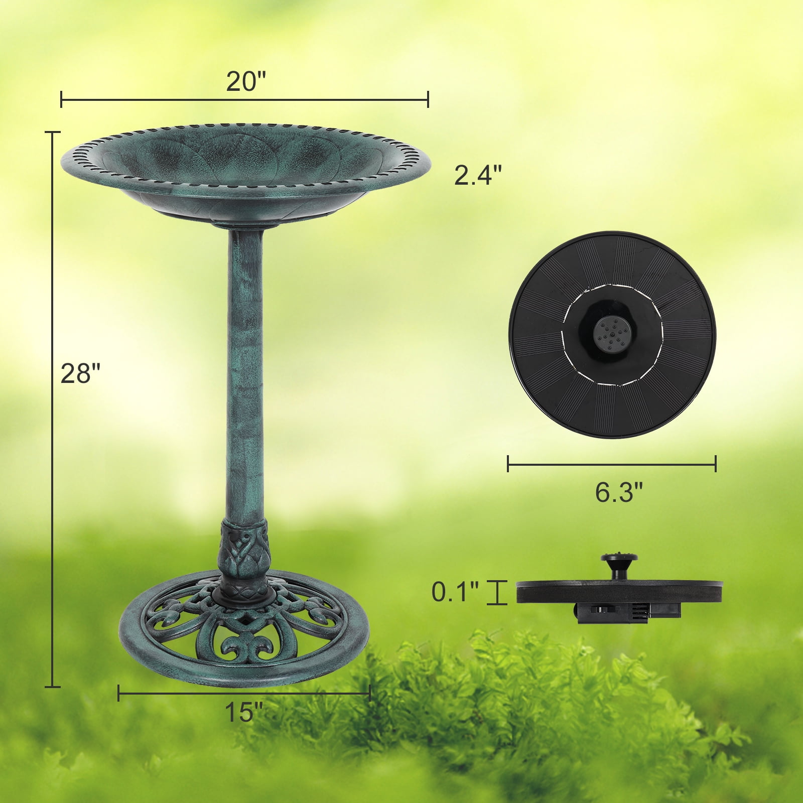VINGLI Bird Bath with Solar Fountain 28 Inch Antique Green Resin Pedestal Birdbaths Vintage Garden Decor