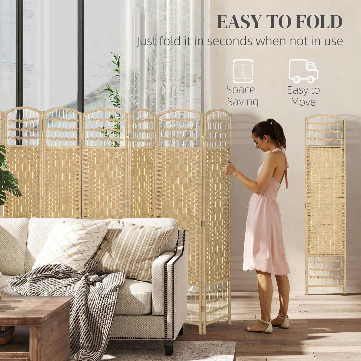 Spaco 8 Panel Folding Room Divider, Portable Privacy Screen, Wave Fiber Room Partition for Indoor as Living Room, Bedroom, Natural
