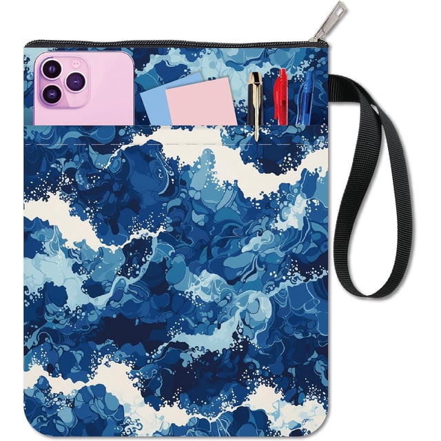 Funda para libro Sea Wave, color azul, protector de libros, funda de tela lavable con cremallera y bolsillo adicional.