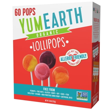 YumEarth Organic Pops Variety Pack, 60 Fruit Flavored Favorites Lollipops, Allergy Friendly, Gluten Free, Non-GMO, Vegan, No Artificial Flavors or Dyes