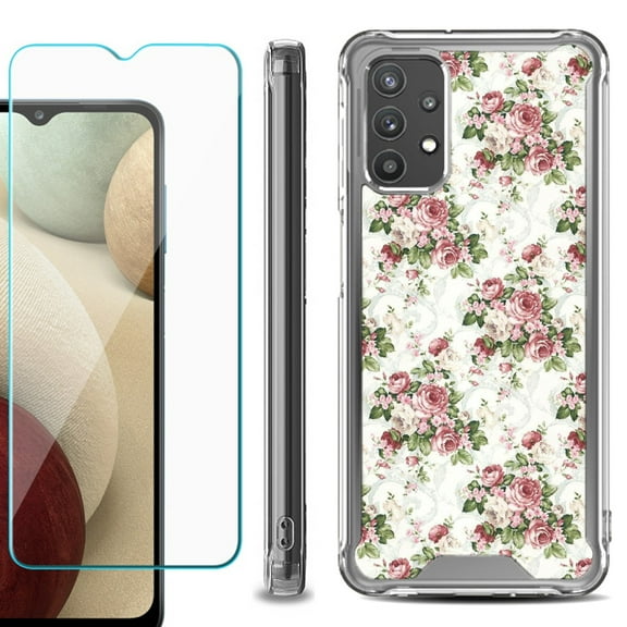 Shockproof Bumper Phone Case for Samsung Galaxy A32 5G, with Tempered Glass Screen Protector, by OneToughShield ® - Floral/Rose