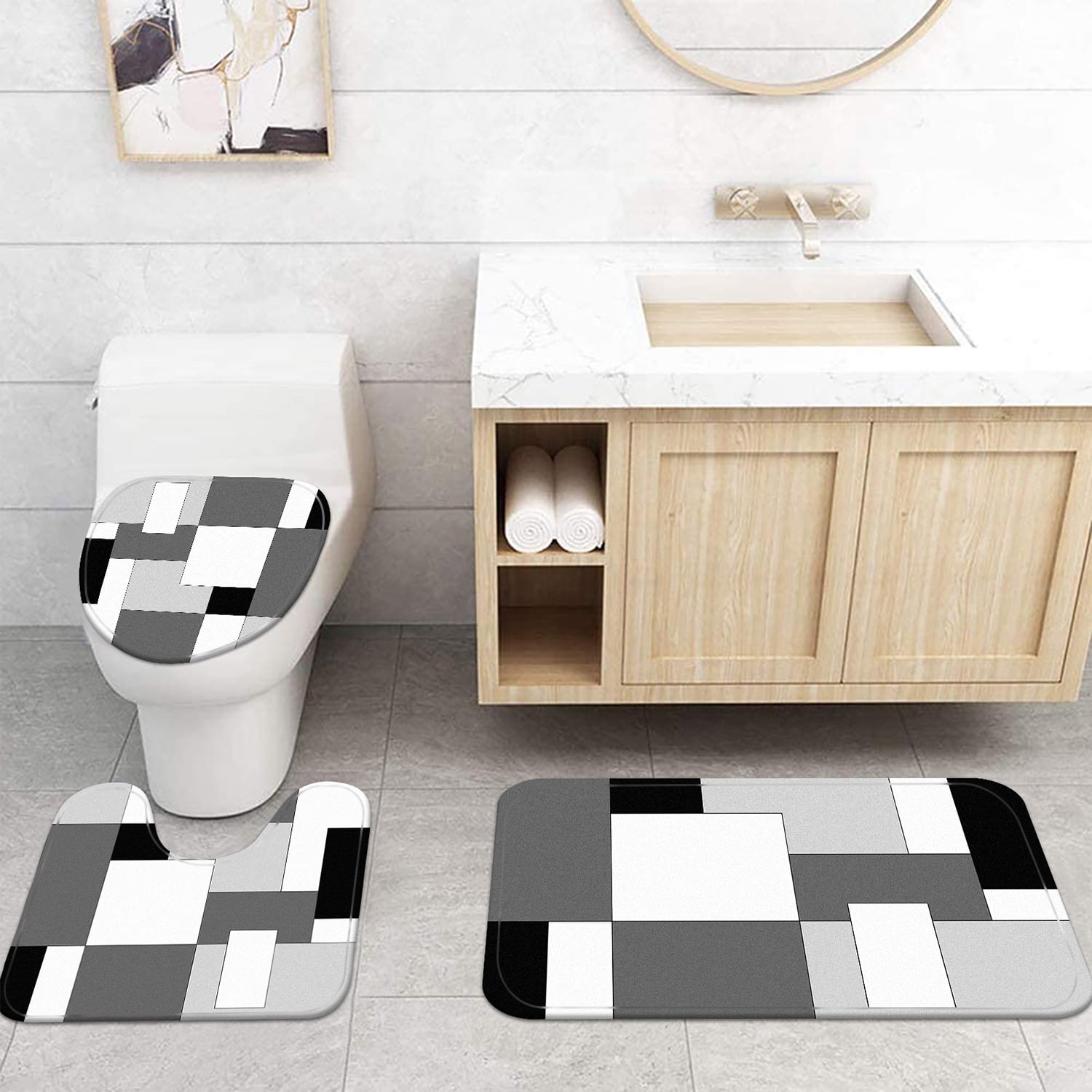 FRAMICS Gray Geometric Shower Curtain and Rug Sets, 16 Pc Black White Checkered Bathroom Sets, Modern Abstract Waterproof Fabric Shower Curtain Sets with 12 Hooks