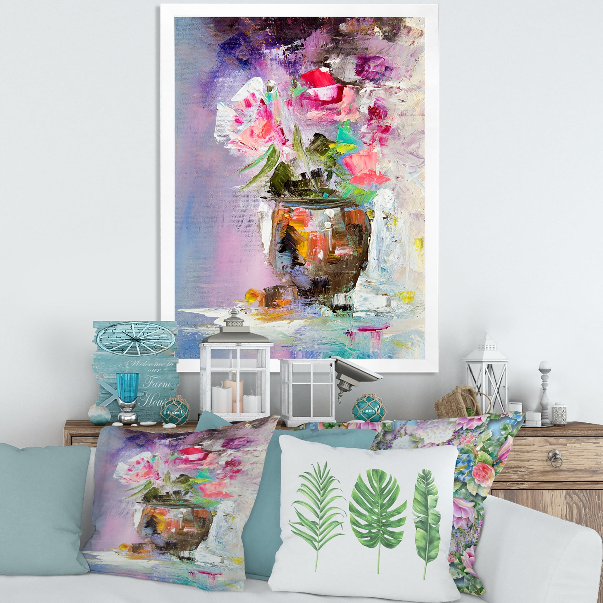 Designart 'Pink Fresh Abstract Flowers Bouquet in Vase' Modern Framed Art Print