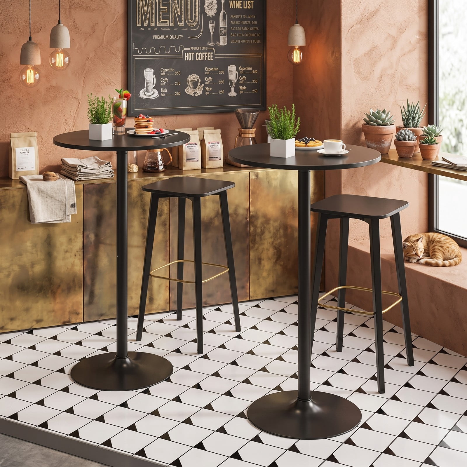 Furnibear 24 Inch Round Cocktail Table, Modern Tall Bar Bistro Table with Sturdy Metal Base and Waterproof MDF Top for Kitchen Dining Pub Home Wedding, 40 Inch, Black